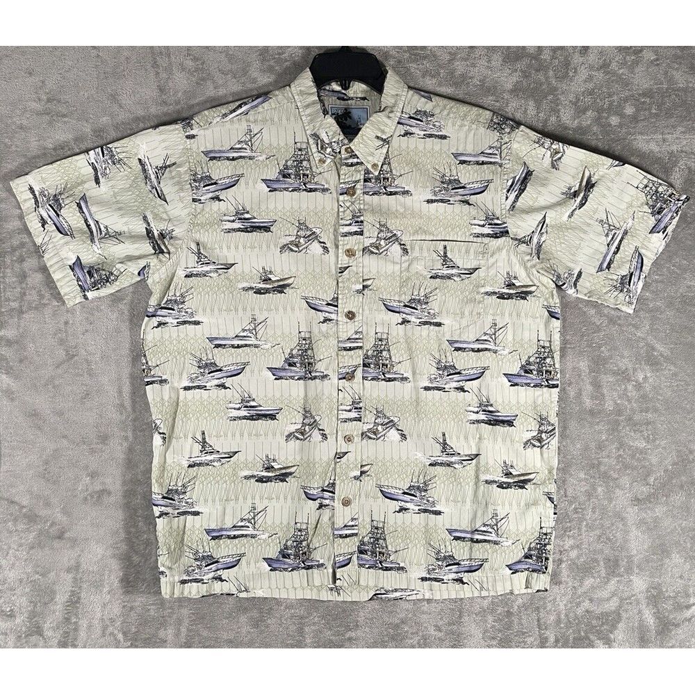 AFTCO Mens Shirt Bluewater Wear Beige Short Sleeve Button-up Boat Print Sz XL